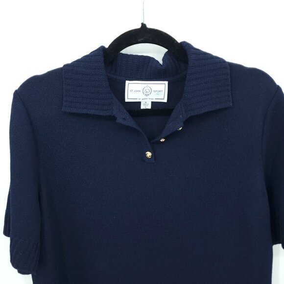 St. John Sport Santana Knit Short Sleeve Embroidered Polo M Navy/Gold Buttons - Picture 4 of 16